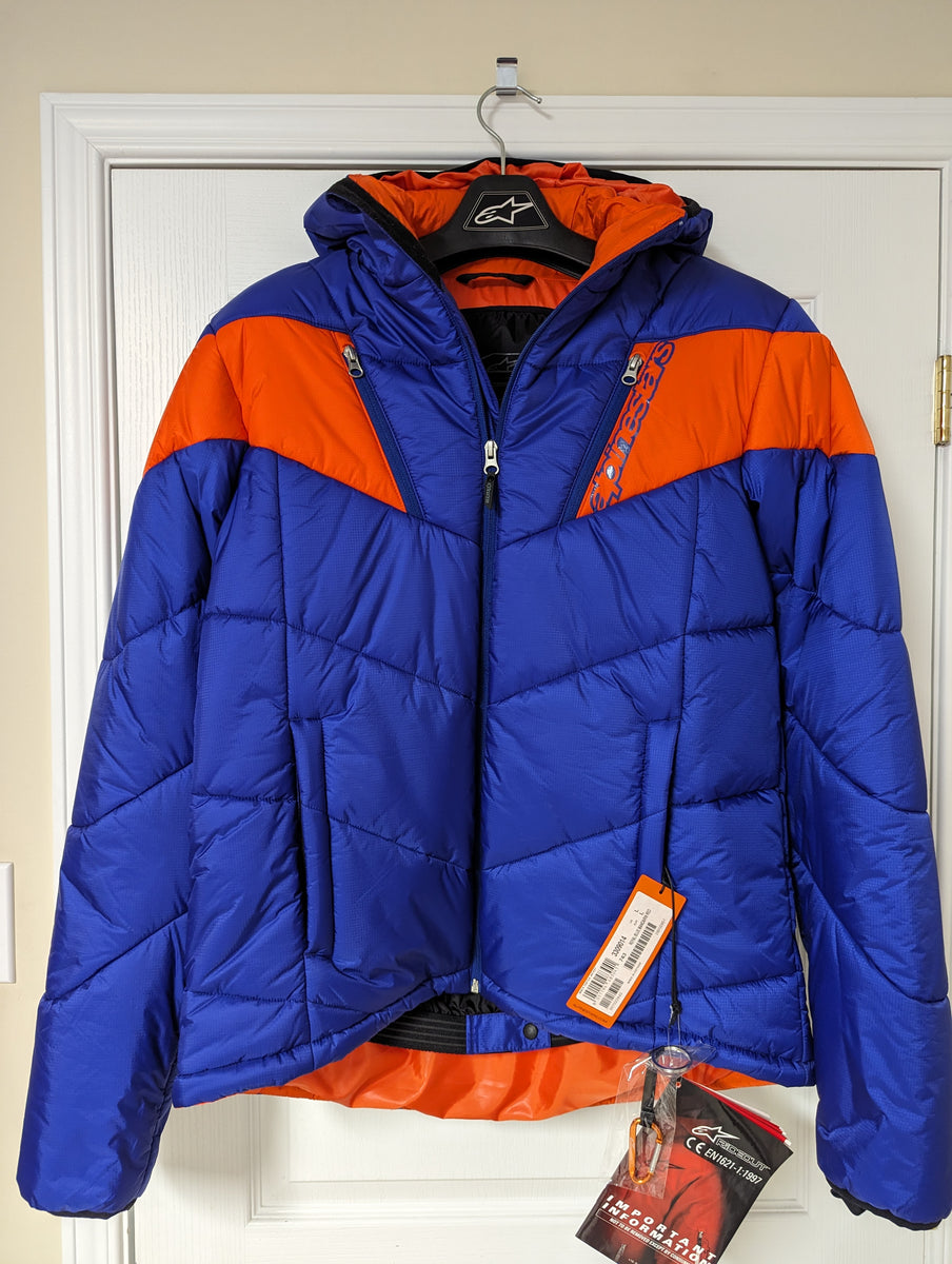 Orange and blue ski jacket sale